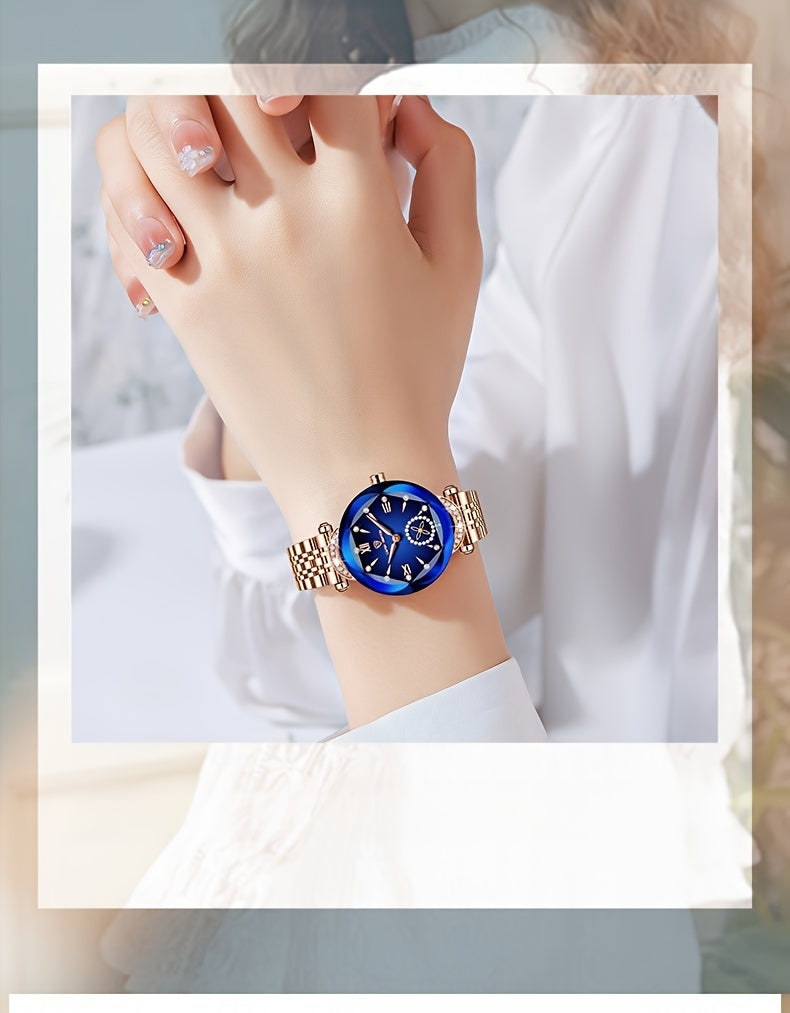 Elegant Women's Quartz Watch with Rhinestone Accents - Rose Golden Case & Stainless Steel Band, Roman Numerals, Independent Second Hand - Ideal for Business or Formal Wear - Perfect Mother's Day, Christmas, or Back-to-School
